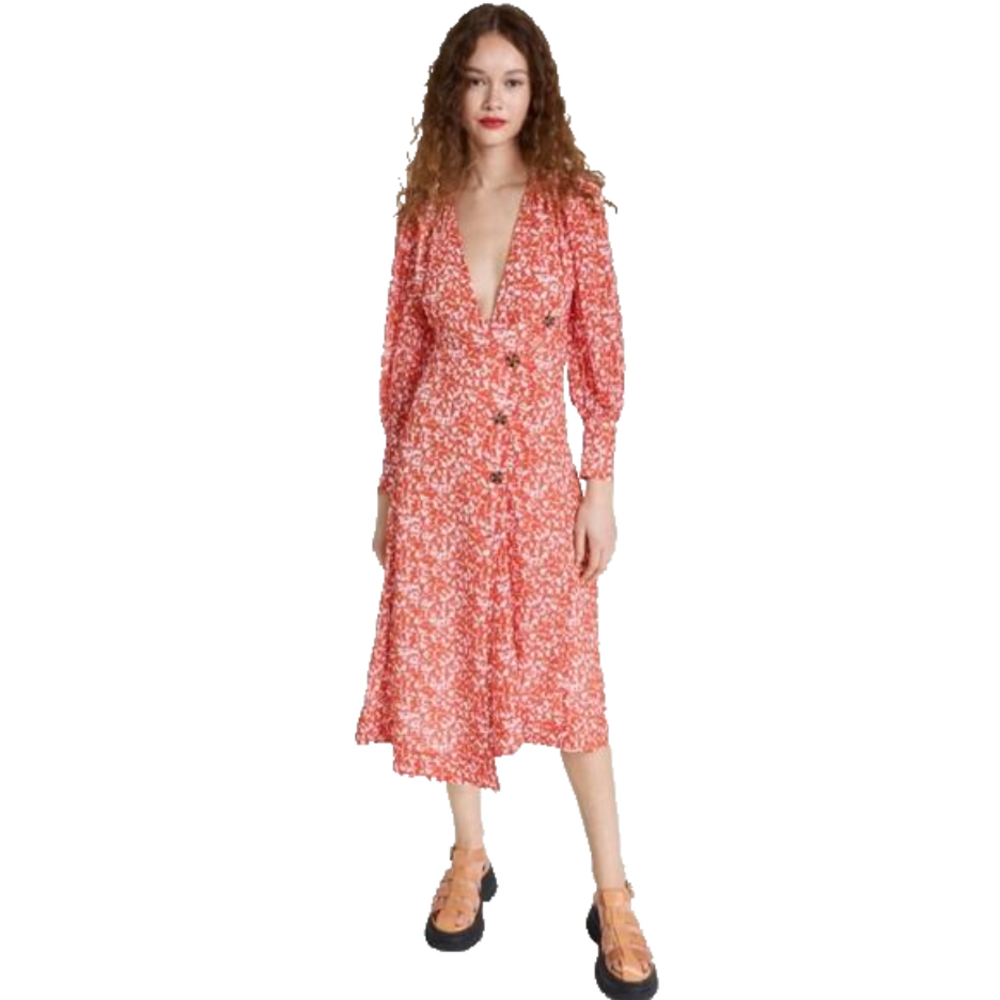 🆕 GANNI Printed Crepe Floral Orangedot com Midi Dress Size 10